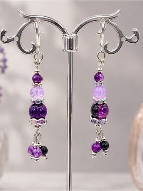 Purple Dyed Agate & Crystal Spacer Silver-tone Artisan Handmade Dangle Earrings